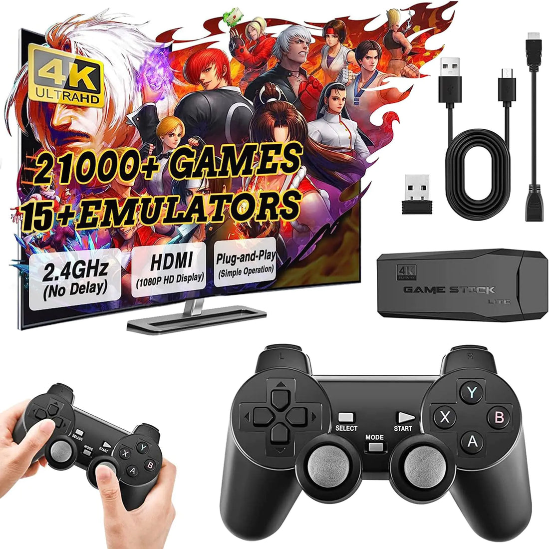 Retro Game Console Nostalgia Retro Game Stick Plug & Play Video TV Game Stick with 20000+ Games Built-in 4K HDMI Output Dual 2.4G Retro Game Consoleulators